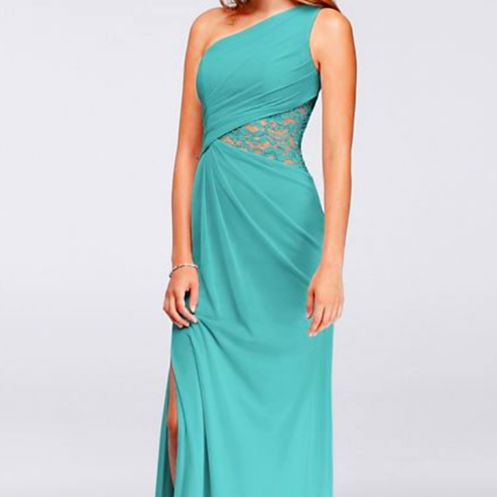 David's Bridal bridesmaid dress - One-Shoulder Mesh Dress with Lace Inset - Spa